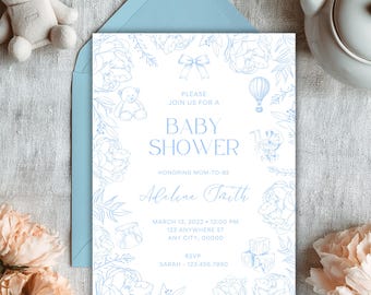 Blue Toile Baby Shower Invitation | Toile De Jouy Baby | Boy Baby Shower Canva Template