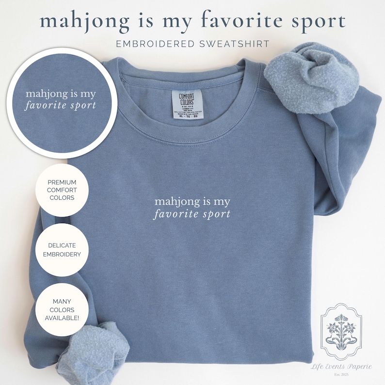 Embroidered Mahjong Sweatshirt, Comfort Colors Sweatshirt Mahjong Apparel Gift, Mahj Girls Game Night Accessories image 1