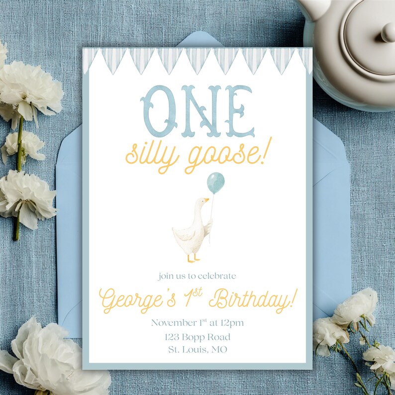 Goose 1st Birthday Invitation | Watercolor Storybook (Digital Download) image 3