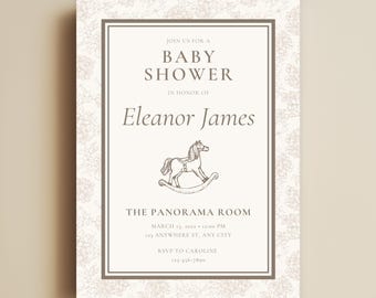 Beige Rocking Horse Baby Shower Invitation, Toile de Jouy Baby Sprinkle Invite, Baby In Bloom Canva Baby Shower Template