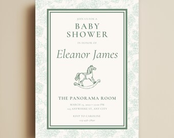 Sage Green Rocking Horse Baby Shower Invitation, Toile de Jouy Baby Sprinkle Invite, Blue Baby In Bloom Canva Baby Shower Template