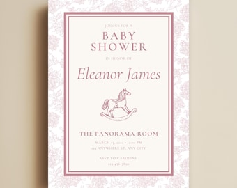 Pink Rocking Horse Baby Shower Invite, Timeless Preppy Baby Shower Invitation, Floral Baby Girl Shower Invitation Template (Canva)