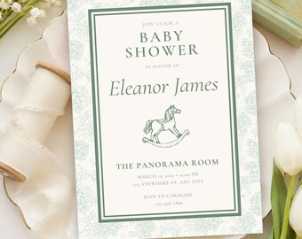 Sage Green Rocking Horse Baby Shower Invitation, Toile de Jouy Baby Sprinkle Invite, Blue Baby In Bloom Canva Baby Shower Template