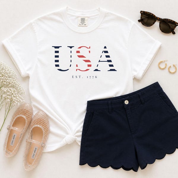 Camiseta Preppy USA, Camiseta "America Est 1776", Camiseta para o 4 de Julho, Camiseta Patriótica Feminina, Roupa para o Dia da Independência, Camiseta para Celebração dos EUA, Camiseta 1776