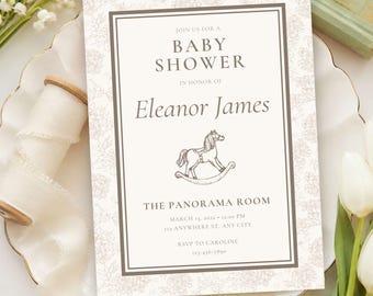Beige Rocking Horse Baby Shower Invitation, Toile de Jouy Baby Sprinkle Invite, Baby In Bloom Canva Baby Shower Template