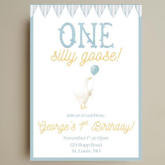 One Silly Goose Invitation | Goose First Birthday Invitation | Preppy Blue First Birthday | Boy 1st Birthday Printable
