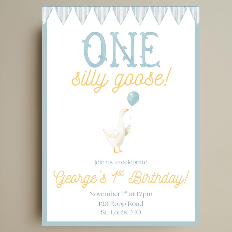 Goose 1st Birthday Invitation | Watercolor Storybook (Digital Download) image 1