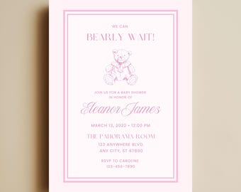 Simple Pink Baby Shower Invitation | Preppy We Can Bearly Wait Invite | Grandmillennial Baby Sprinkle Invite Template