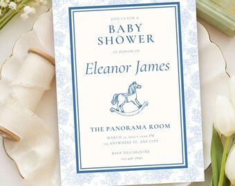 Rocking Horse Baby Shower Invitation, Toile de Jouy Baby Sprinkle Invite, Blue Baby In Bloom Canva Baby Shower Template