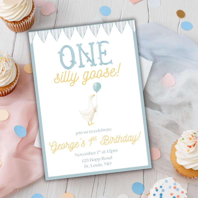 Goose 1st Birthday Invitation | Watercolor Storybook (Digital Download) image 2