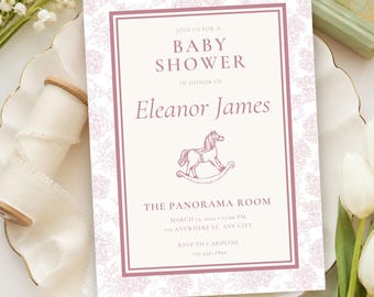 Pink Rocking Horse Baby Shower Invite, Timeless Preppy Baby Shower Invitation, Floral Baby Girl Shower Invitation Template (Canva)
