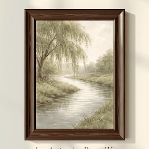 May include: A framed landscape print featuring a serene river scene. The artwork depicts a weeping willow tree on the left, with a winding river flowing through a grassy bank. The color palette is muted, with shades of green, beige, and brown. The text "by Arte de PearlY" is at the bottom.