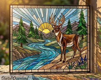 Diseño de ciervo en vidriera con paisaje forestal, atrapasoles con diseño de amanecer en la montaña, panel atrapasoles inspirado en la naturaleza, regalo de decoración para exteriores
