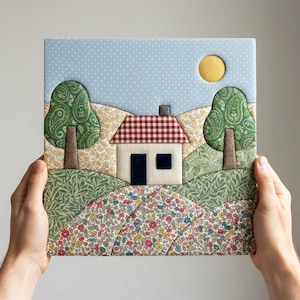 Könnte beinhalten: Ein quadratisches Wandbild aus Stoff mit einer Landschaftsszene, die ein Haus, zwei Bäume und eine gelbe Sonne zeigt. Das Haus hat ein rot-weiß kariertes Dach, eine weiße Fassade sowie eine dunkelblaue Tür und ein Fenster. Die Szene besteht aus floralen und Paisley-Stoffmustern in Grün-, Gelb-, Rosa- und Blautönen vor einem hellblauen, gepunkteten Himmel.