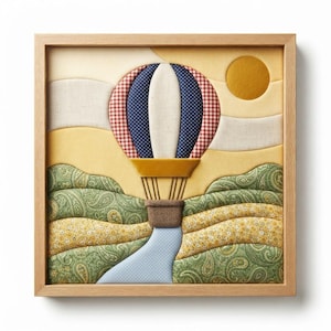 Peut inclure: Une œuvre d'art murale en tissu encadrée de forme carrée représentant une montgolfière avec des panneaux à pois bleus, blancs et à carreaux rouges. La scène inclut un soleil jaune, des collines vertes à motifs cachemire et un ruisseau bleu.
