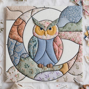 Kinusaiga Owl Pattern PDF, Cute Night Owl Fabric Inlay, Japanese Patchwork Art Guide, Needleless Quilt Craft, Nursery Wall Art Decor
