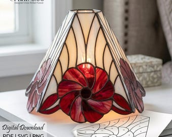 Hexagon Stained Glass Lamp Pattern SVG, Tiffany Style Vintage Table Lamp Shade Template, PDF PNG Digital Download