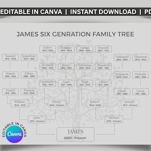 May include: A light gray family tree chart with the text "JAMES SIX GENERATION FAMILY TREE". The chart includes names and dates, with the text "FULLY EDITABLE IN CANVA | INSTANT DOWNLOAD | PDF FILE" at the top and a Canva logo at the bottom.