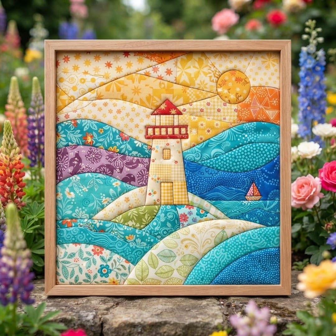 Kinusaiga Lighthouse Pattern PDF, Coastal Sea Scenery Fabric Inlay ...