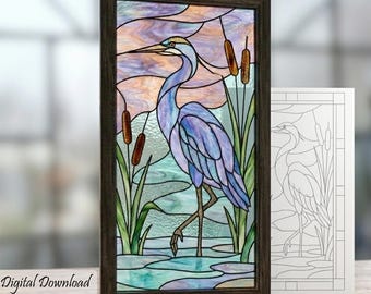 Patrón de vidriera en PDF, atrapasoles de garza azul, descarga digital SVG, arte para panel de ventana con aves costeras, diseño de grulla, regalo DIY para amantes de la naturaleza