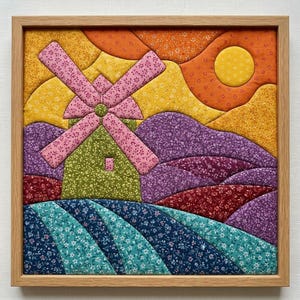 May include: A square fabric wall art piece featuring a quilted landscape with a windmill. The scene includes a green windmill with pink blades, rolling hills in purple and yellow floral patterns, a bright yellow sun, and a blue floral foreground.