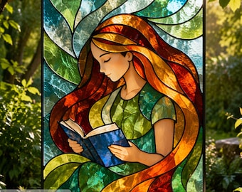 Modello di vetrata artistica in PDF, acchiappasole con ragazza che legge, file digitali scaricabili in formato svg png pdf, decorazione murale per amanti dei libri, arredamento per biblioteca