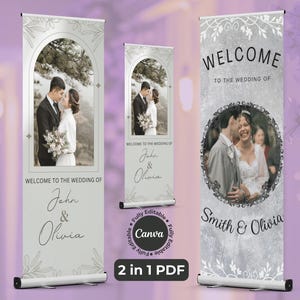 May include: Wedding welcome banners with photos of a couple. The banners are light gray with floral accents and the text "WELCOME TO THE WEDDING OF" and the couple's names. The banners are in a roll-up style.