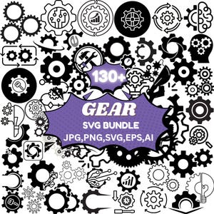 Può includere: Una collezione di illustrazioni di ingranaggi in bianco e nero in vari design. L'immagine include il testo "130+ GEAR SVG BUNDLE JPG, PNG, SVG, EPS, AI" in un fumetto viola. Gli ingranaggi sono di diverse dimensioni e stili.