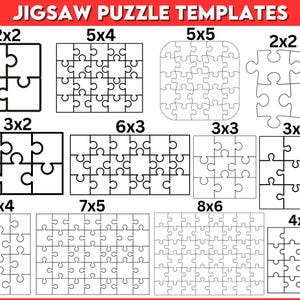Può includere: Una collezione di modelli di puzzle di varie dimensioni, tra cui 2x2, 5x4 e 5x5. I puzzle sono contorni neri su sfondo bianco, con il testo "JIGSAW PUZZLE TEMPLATES" in alto.
