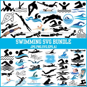 Puede incluir: Un conjunto de gráficos SVG con temática de natación en negro, azul y blanco. La imagen incluye varias ilustraciones de nadadores en diferentes estilos, junto con el texto "SWIMMING SVG BUNDLE" e información del tipo de archivo.