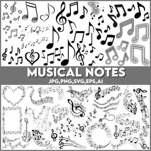 Könnte beinhalten: Eine Sammlung schwarzer und weißer Noten und Symbole, darunter Violinschlüssel, Viertelnoten und Achtelnoten. Der Text "MUSICAL NOTES" wird fett dargestellt, mit Dateiformaten, die unten aufgeführt sind.