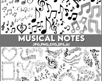 Music Notes SVG PNG Bundle, Music Silhouette Clipart (Digital Download)