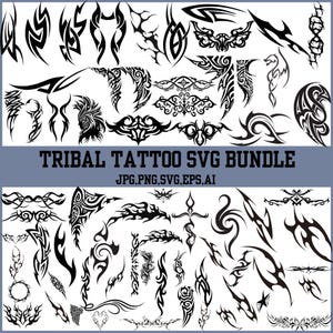 Op de afbeelding: Een verzameling zwarte tribale tattoo-ontwerpen in verschillende vormen en maten. De afbeelding bevat de tekst "TRIBAL TATTOO SVG BUNDLE" en bestandsinfo. Deze ontwerpen zijn geschikt voor digitale kunstprojecten.