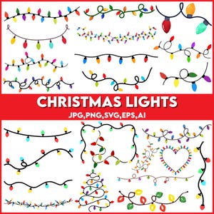 Może przedstawiać: Kolekcja kolorowych łańcuchów świetlnych bożonarodzeniowych w różnych wzorach. Obraz przedstawia wiele sznurów z różnymi kształtami i kolorami żarówek, w tym czerwonym, zielonym, żółtym i niebieskim. Tekst na środku brzmi "CHRISTMAS LIGHTS".