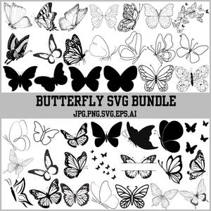Op de afbeelding: Een verzameling vlinderontwerpen in verschillende stijlen, waaronder silhouetten, lijntekeningen en gedetailleerde illustraties. De afbeelding bevat de tekst "BUTTERFLY SVG BUNDLE" en bestandsinfo.