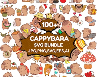Paquete de imágenes prediseñadas SVG de capibara kawaii, gráficos de animales (descarga digital)