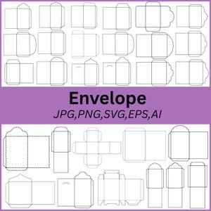 Könnte beinhalten: Eine Sammlung von Umschlagvorlagen in verschiedenen Formen und Größen, dargestellt in einem Rasterlayout. Die Designs sind schwarz auf weißem Hintergrund umrandet. Das Wort "Envelope" wird in großen, fetten, schwarzen Buchstaben zusammen mit Dateitypoptionen angezeigt.