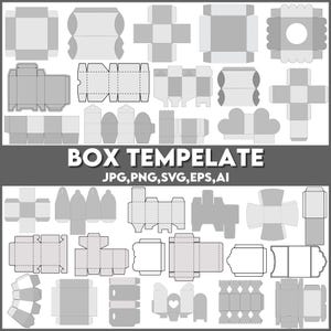 以下が含まれることがあります： さまざまな形状とサイズのグレーのボックステンプレートのコレクション。画像には、ギフトボックス、パッケージング、その他のコンテナデザインのテンプレートが含まれています。画像には「BOX TEMPLATE」と「JPG、PNG、SVG、EPS、AI」と書かれています。