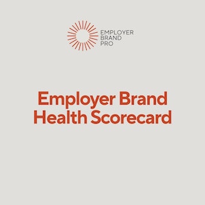 Può includere: Sfondo grigio chiaro con il testo "Employer Brand Health Scorecard" in grassetto, arancione bruciato. Sopra il testo, un logo a forma di sole stilizzato con le parole "Employer Brand Pro".