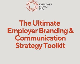 Peut inclure: Fond clair avec le texte "The Ultimate Employer Branding & Communication Strategy Toolkit" en orange-rouge gras. Le logo Employer Brand Pro est en haut.