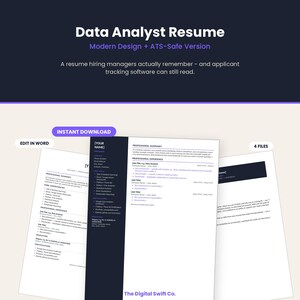 Data Analyst Resume Template Word, ATS Friendly Analyst Resume, Modern Data CV + Cover Letter, Instant Download