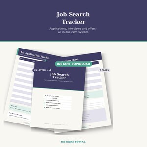 May include: A digital Job Search Tracker document set featuring a dark blue and white color scheme. The pages include a Job Application Tracker, Interview Prep Sheet, Networking Contact Log, Skills and Achievements Bank, and a Weekly Job Search Planner.