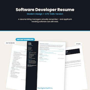 May include: A digital software developer resume template featuring a modern layout with a dark sidebar, white background, and blue accents. The document includes sections for professional summary, core competencies, experience, and education.