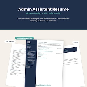 Pode incluir: Um modelo de currículo digital para assistente administrativo com uma barra lateral azul-escura e fundo branco. O documento inclui seções para resumo profissional, experiência, habilidades e educação. Etiquetas: INSTANT DOWNLOAD, EDIT IN WORD, 4 FILES.