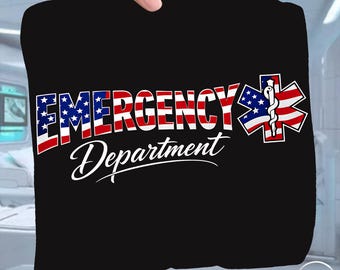 May include: A black fabric item featuring the text EMERGENCY in bold, block letters filled with a red, white, and blue American flag pattern. Below, the word Department is written in white script. A Star of Life symbol with a flag pattern is included.