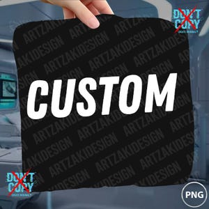May include: A black square-shaped item featuring the word CUSTOM in large white capital letters. The surface is covered with a repeating watermark pattern of the text ARTZAKIDESIGN and includes a DON'T COPY logo in the top right corner.