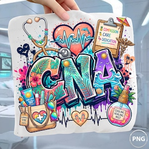 May include: A white fabric square featuring a colorful graphic with the letters CNA in a tropical palm leaf pattern. The design includes a stethoscope, a heart with an EKG line, a clipboard with the text Compassion Care Dedication, and a spray bottle labeled Cooling Healing Mist, all accented with vibrant paint splatters.