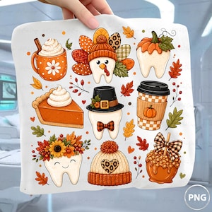 Puede incluir: Un gráfico cuadrado blanco con varias ilustraciones de temática otoñal que incluyen dientes con sombreros, un diente con forma de calabaza, una porción de tarta, una taza de café, una manzana de caramelo y hojas de otoño en naranja y marrón.