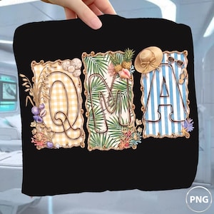 May include: Black graphic tee featuring the letters "QMA" in decorative frames. The "Q" has a yellow gingham pattern, the "M" has tropical leaves, and the "A" has blue and white stripes. Beach-themed accents include seashells, a sun hat, and sunglasses.