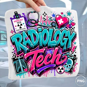 May include: A white fabric square featuring a colorful graphic with the text RADIOLOGY TECH in large teal and pink letters. The design includes a stethoscope, a heart with a cross, a radiation symbol, an X-ray of a rib cage, and a human skull.